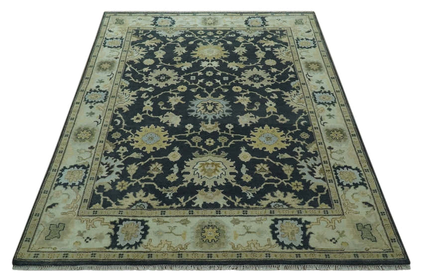 Black, Silver and Olive Oushak Hand Knotted Custom Made Wool Rug