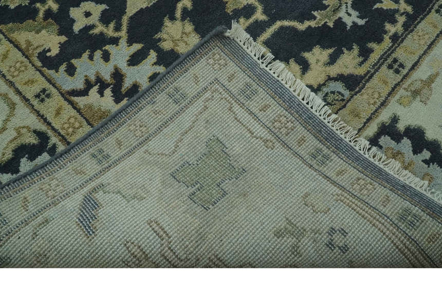 Black, Silver and Olive Oushak Hand Knotted Custom Made Wool Rug