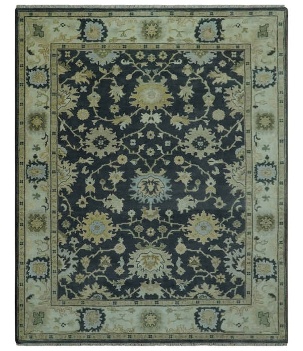 Black, Silver and Olive Oushak Hand Knotted Custom Made Wool Rug