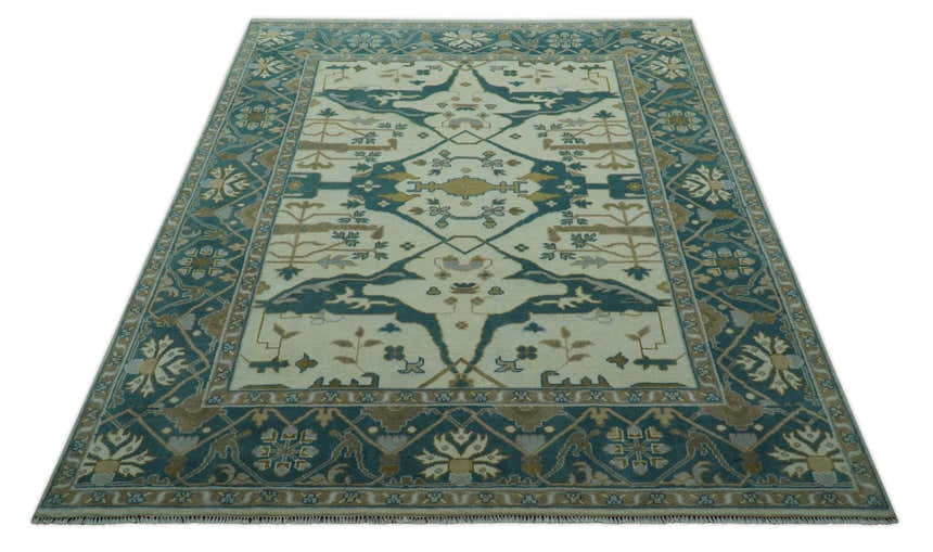 Blue And Beige Traditional Oushak Hand Knotted Custom Made wool rug