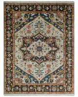 Blue and Brown Traditional Antique look Heriz Serapi Hand Knotted Custom Made wool Area Rug