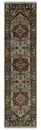 Blue and Brown Traditional Antique look Heriz Serapi Hand Knotted Custom Made wool Area Rug