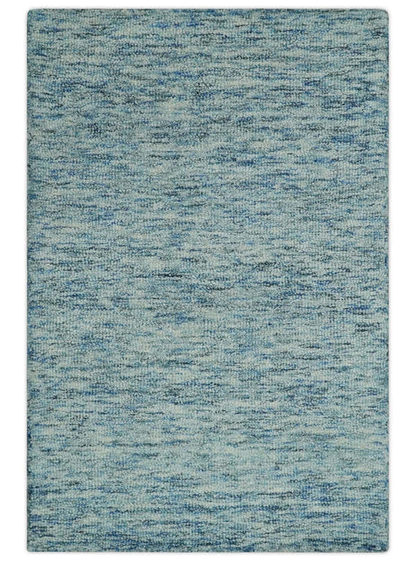 Custom Made Blue and Ivory Shaded Solid Wool Hand Woven Layering Area Rug