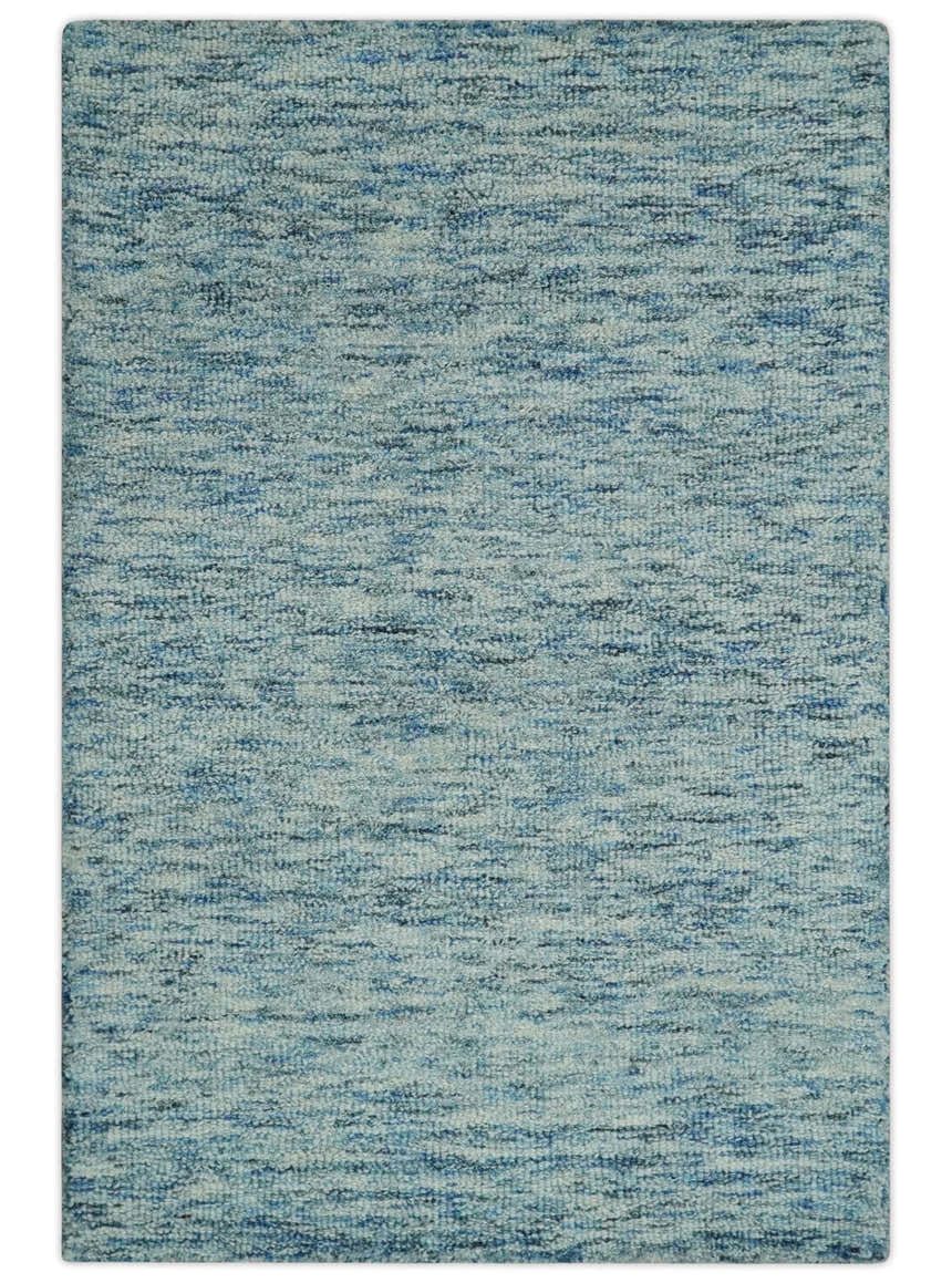 Custom Made Blue and Ivory Shaded Solid Wool Hand Woven Layering Area Rug
