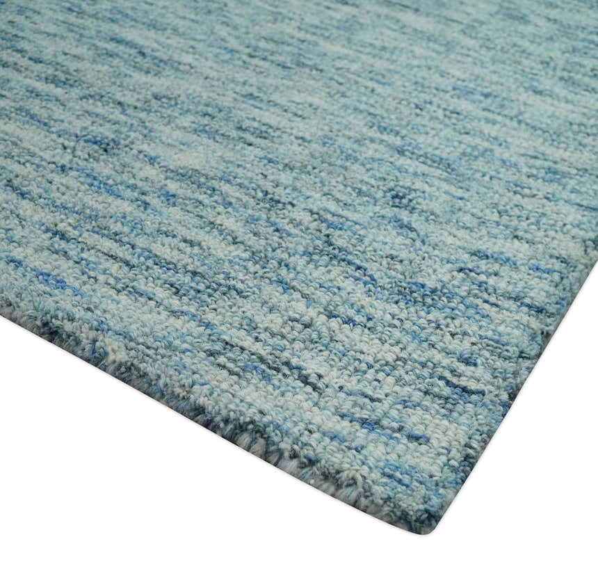 Custom Made Blue and Ivory Shaded Solid Wool Hand Woven Layering Area Rug