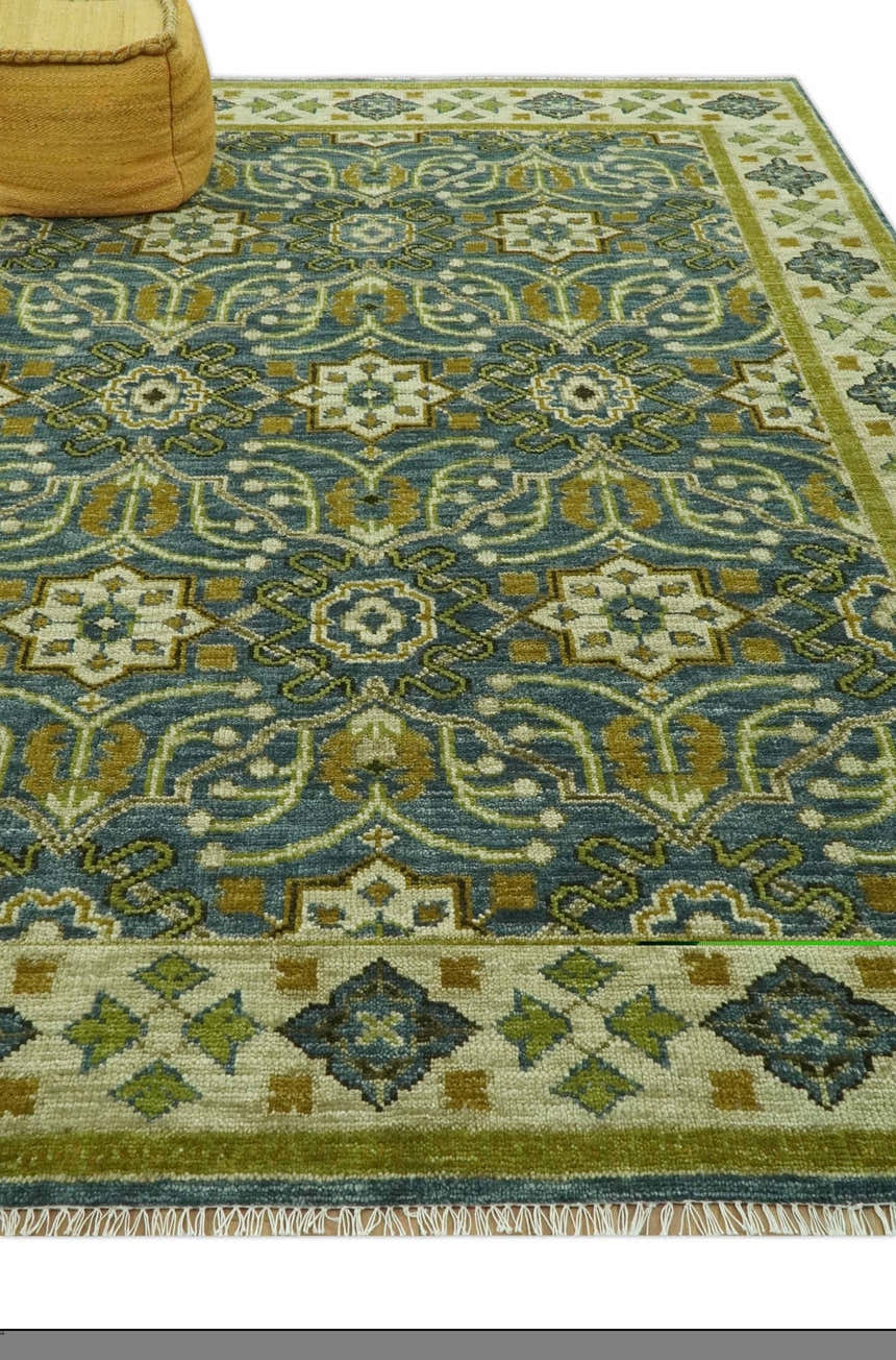 Blue and Olive Traditional motifs design Custom Made wool area rug