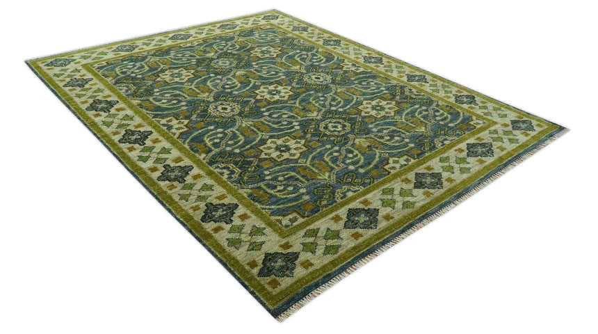 Blue and Olive Traditional motifs design Custom Made wool area rug