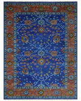 Blue and Rust Hand Knotted Traditional Floral Oushak Multi Size Wool Area Rug