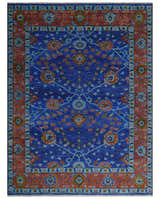 Blue and Rust Hand Knotted Traditional Floral Oushak Multi Size Wool Area Rug