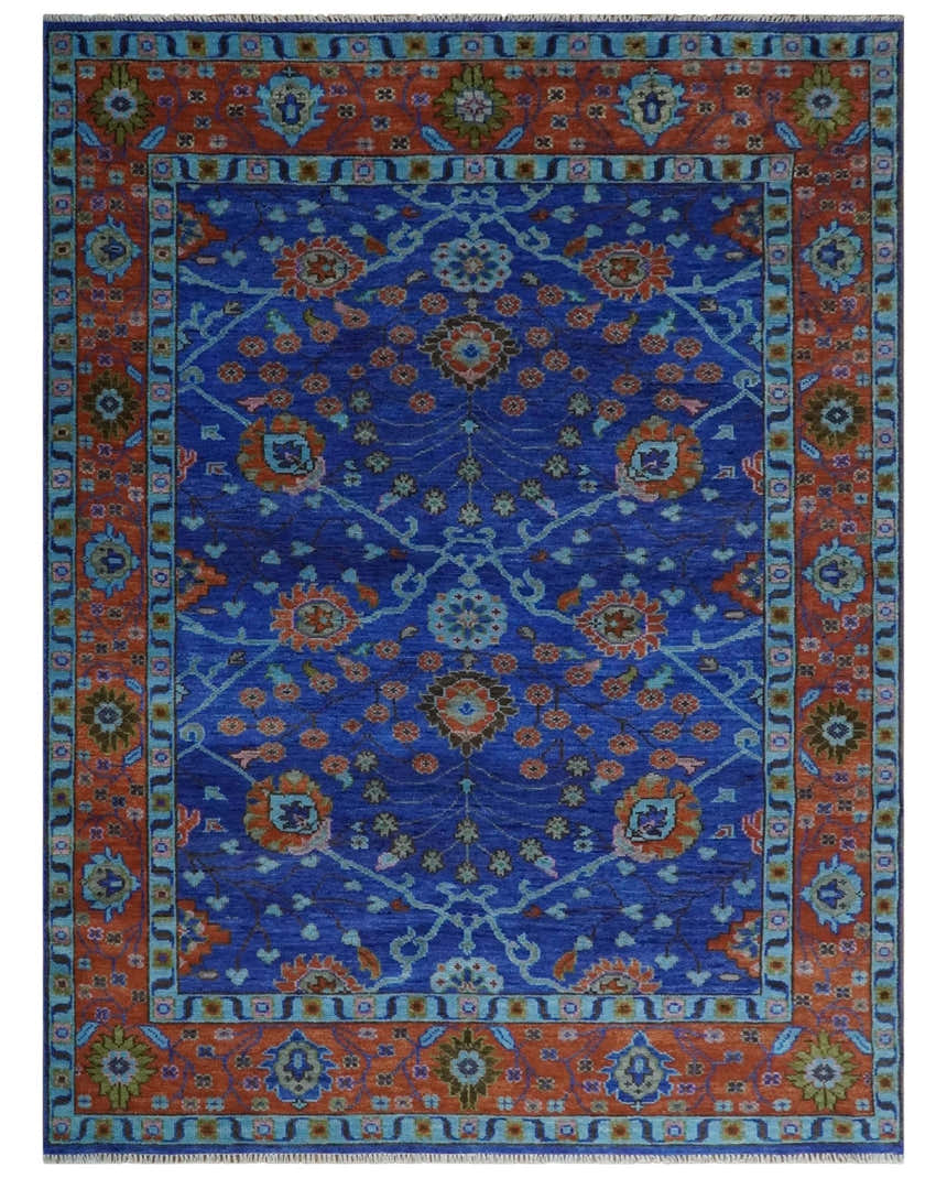 Blue and Rust Hand Knotted Traditional Floral Oushak Multi Size Wool Area Rug
