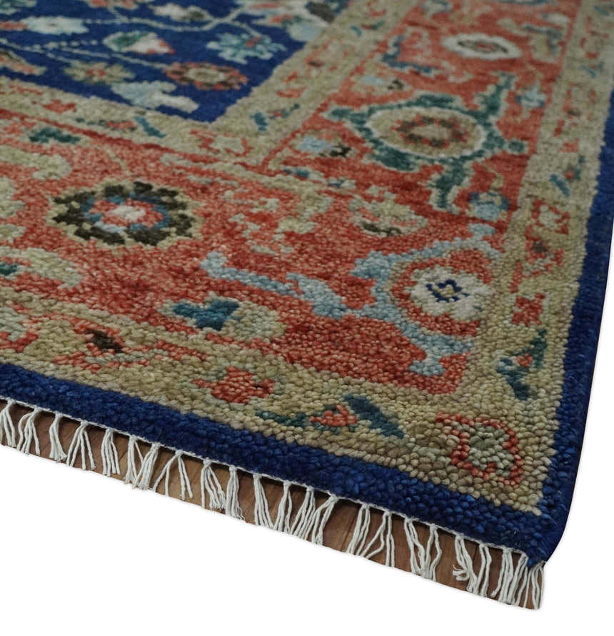Blue and Rust Turkish Design Traditional Serapi Hand Knotted Wool Area Rug
