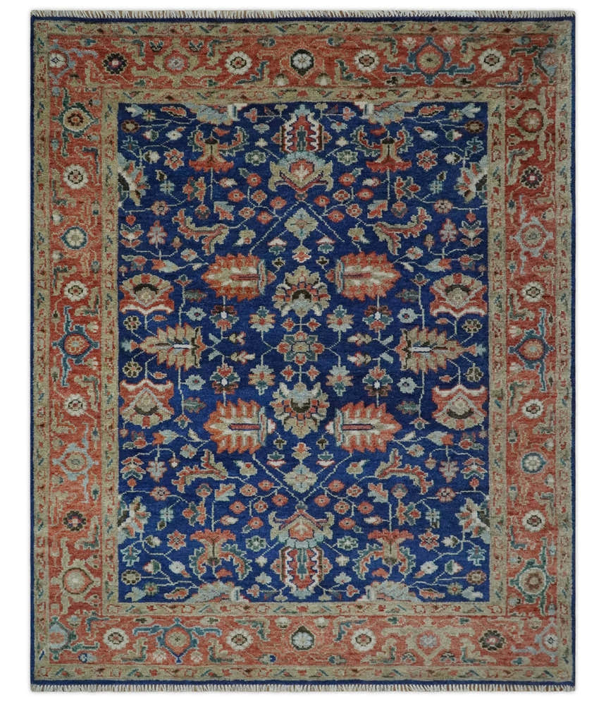 Blue and Rust Turkish Design Traditional Serapi Hand Knotted Wool Area Rug