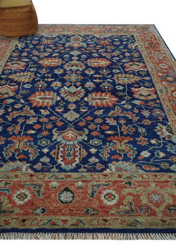 Blue and Rust Turkish Design Traditional Serapi Hand Knotted Wool Area Rug