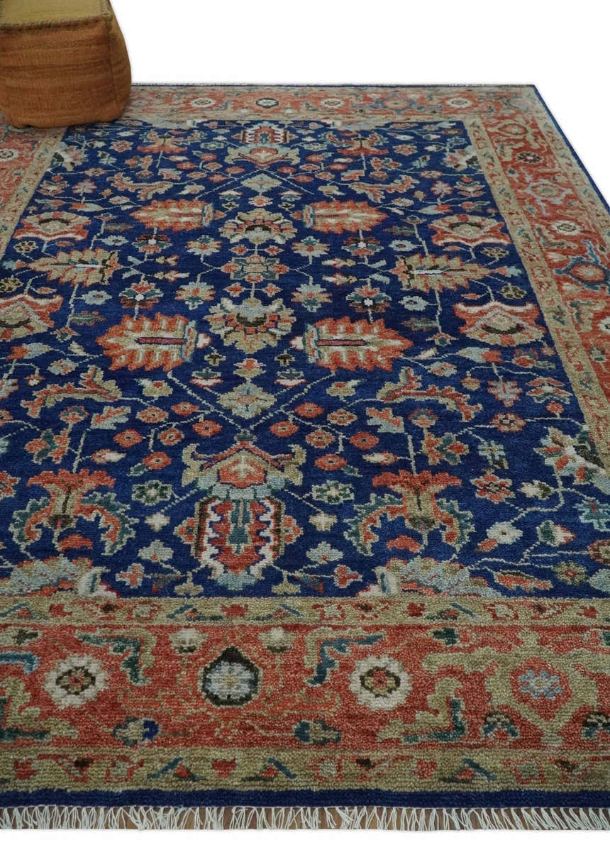 Blue and Rust Turkish Design Traditional Serapi Hand Knotted Wool Area Rug