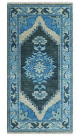 Blue, Black and Ivory Hand Knotted Antique Traditional Heriz Serapi Multi Size Wool Area Rug