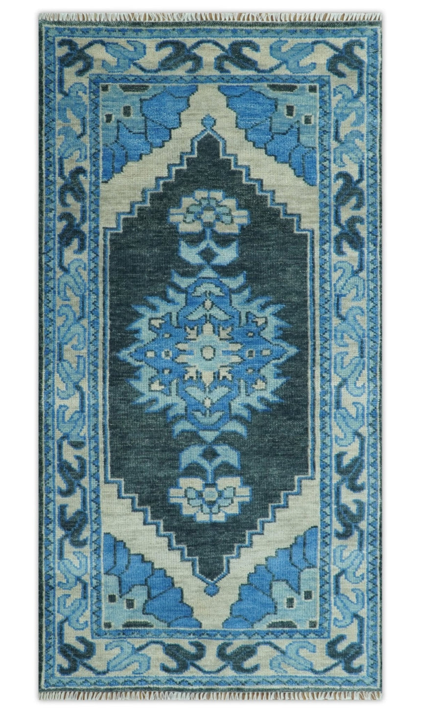 Blue, Black and Ivory Hand Knotted Antique Traditional Heriz Serapi Multi Size Wool Area Rug