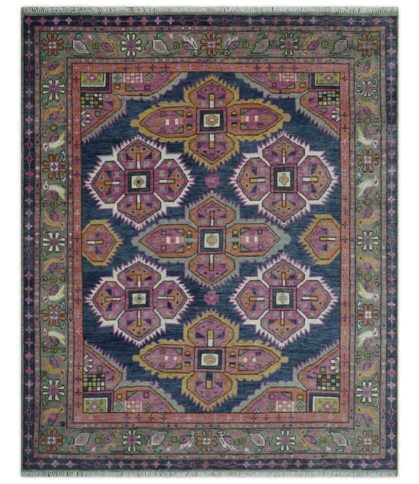 Blue, Purple and Green hand knotted Traditional Heriz Serapi Wool Area Rug