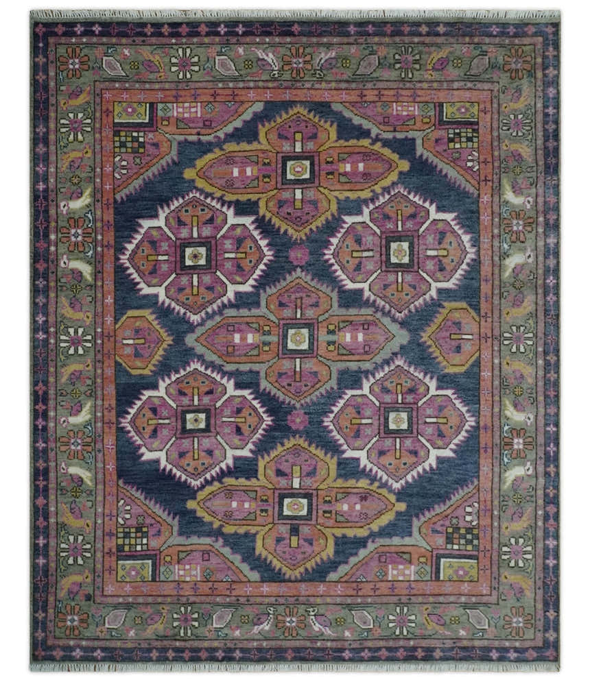 Blue, Purple and Green hand knotted Traditional Heriz Serapi Wool Area Rug