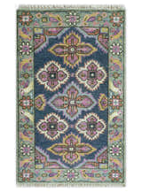 Blue, Purple and Green hand knotted Traditional Heriz Serapi Wool Area Rug