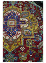 Blue, Maroon and Gold Hand Knotted Traditional Heriz Serapi Multi size Wool Area Rug