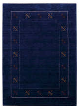 Blue Tribal Border Design Hand Loomed Wool Area Rug