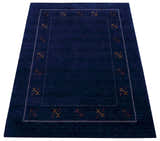 Blue Tribal Border Design Hand Loomed Wool Area Rug