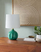 Deep Teal Modern Table Lamp with global details for bedside or console tables