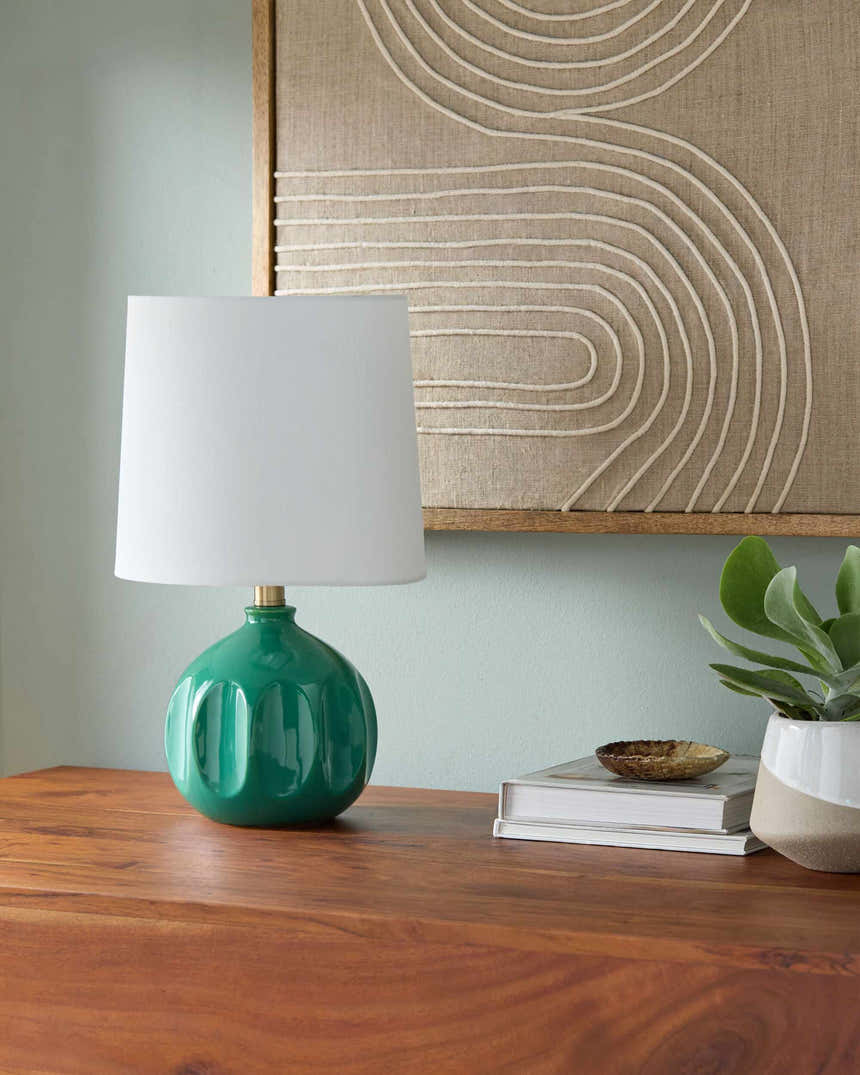 Deep Teal Modern Table Lamp with global details for bedside or console tables