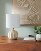 Tan Modern Table Lamp with global details for bedside or console tables