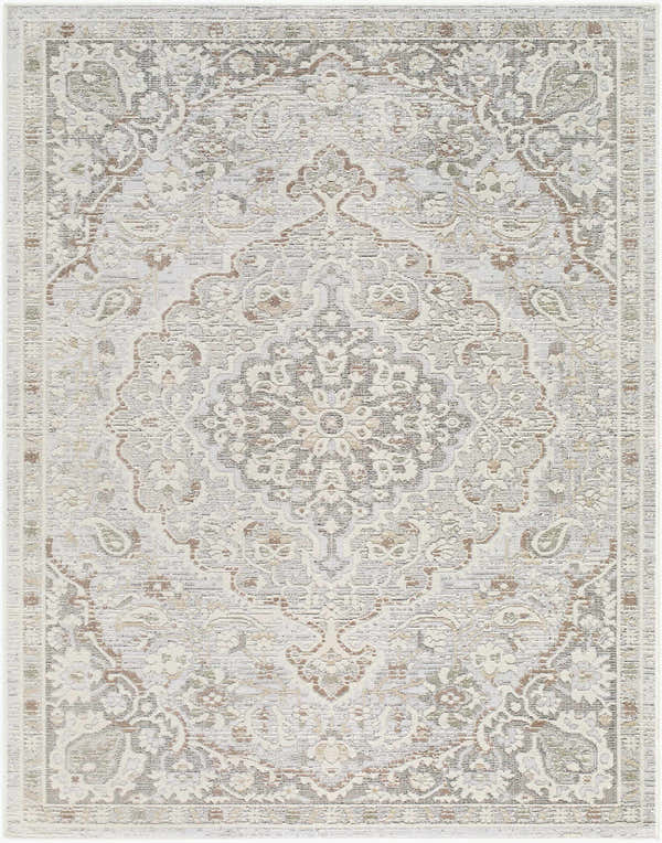 Close-up of the Carmela Becki Owens x LIVABLISS BOCM-2302 Area Rug. Beige, ivory, and brown traditional floral pattern. Design-Rectangle-537