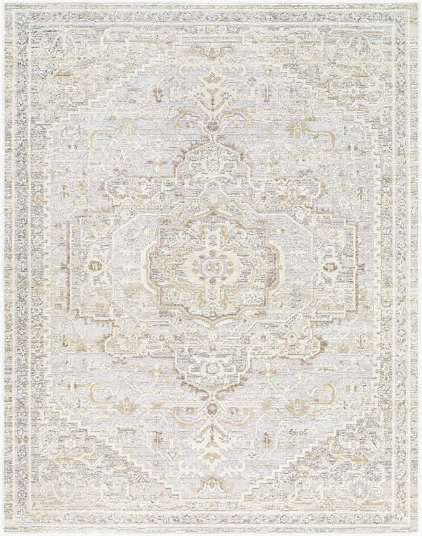 Close-up of the Carmela Becki Owens x LIVABLISS BOCM-2303 Area Rug. Beige, ivory, gray and tan traditional pattern. Design-Rectangle-537