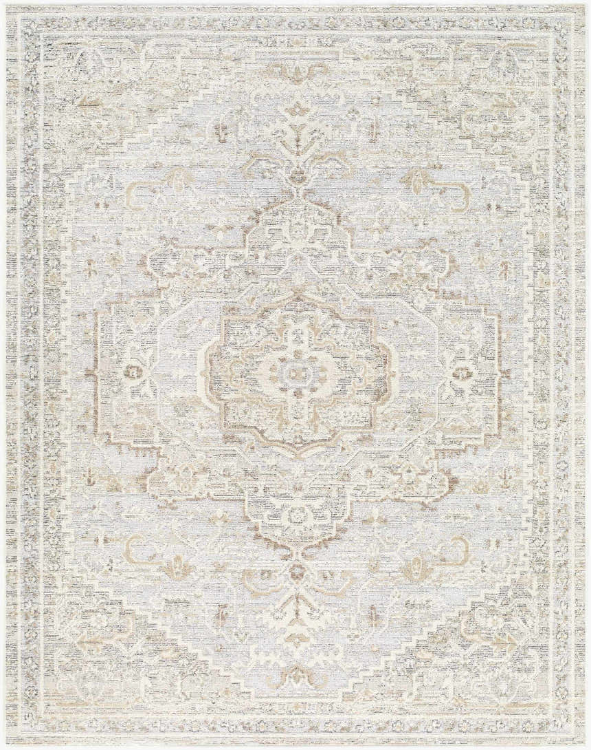 Close-up of the Carmela Becki Owens x LIVABLISS BOCM-2303 Area Rug. Beige, ivory, gray and tan traditional pattern. Design-Rectangle-537