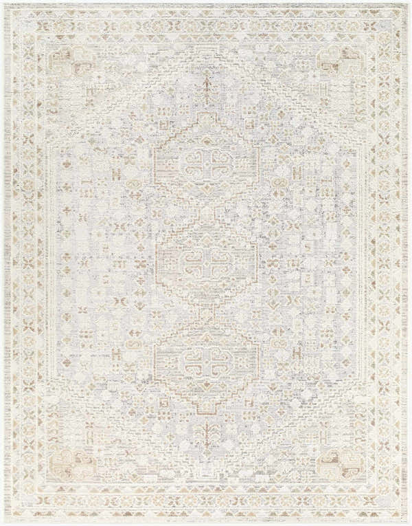 Close-up of the Carmela Becki Owens x LIVABLISS BOCM-2304 Area Rug. Beige, ivory, gray, and tan traditional pattern. Design-Rectangle-537