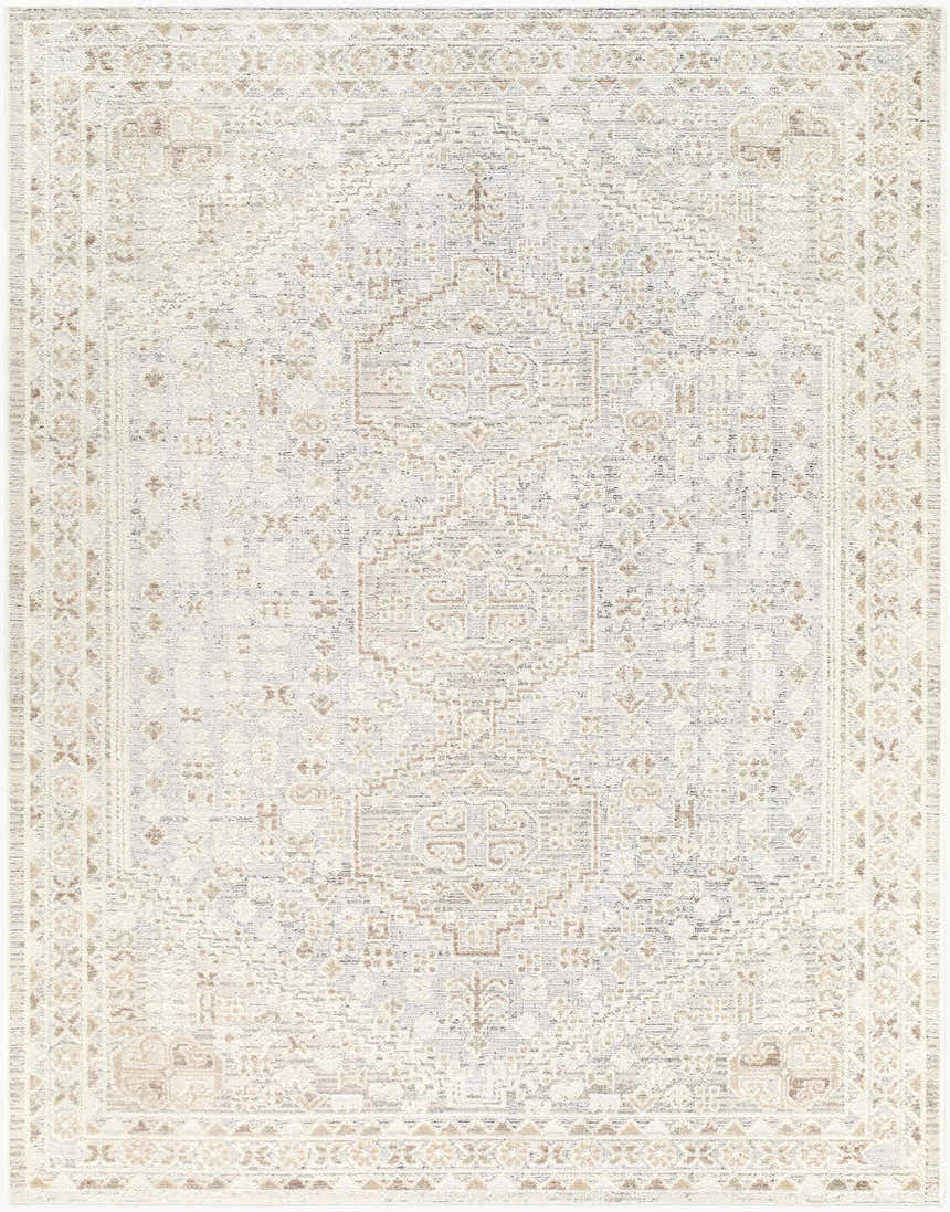 Close-up of the Carmela Becki Owens x LIVABLISS BOCM-2304 Area Rug. Beige, ivory, gray, and tan traditional pattern. Design-Rectangle-537