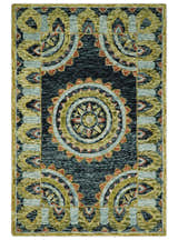 Hand Tufted Blue, Rust and Moss Gold Colorful Wool Area Rug