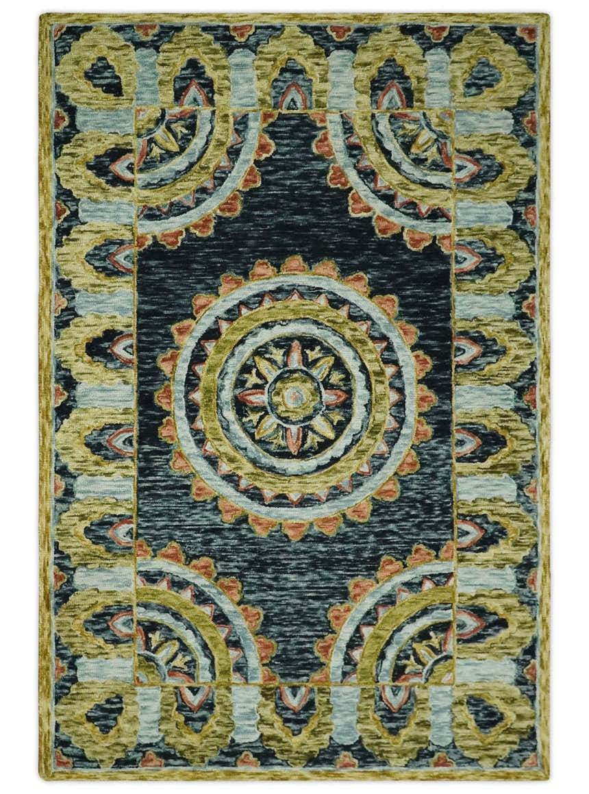 Hand Tufted Blue, Rust and Moss Gold Colorful Wool Area Rug