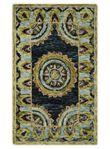 Hand Tufted Blue, Rust and Moss Gold Colorful Wool Area Rug