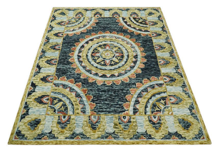 Hand Tufted Blue, Rust and Moss Gold Colorful Wool Area Rug