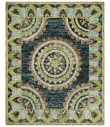 Hand Tufted Blue, Rust and Moss Gold Colorful Wool Area Rug