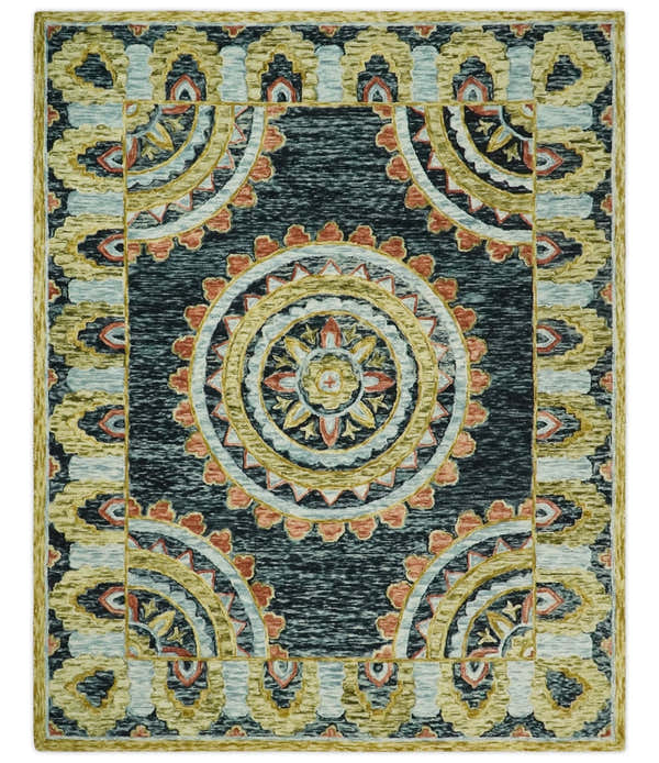 Hand Tufted Blue, Rust and Moss Gold Colorful Wool Area Rug