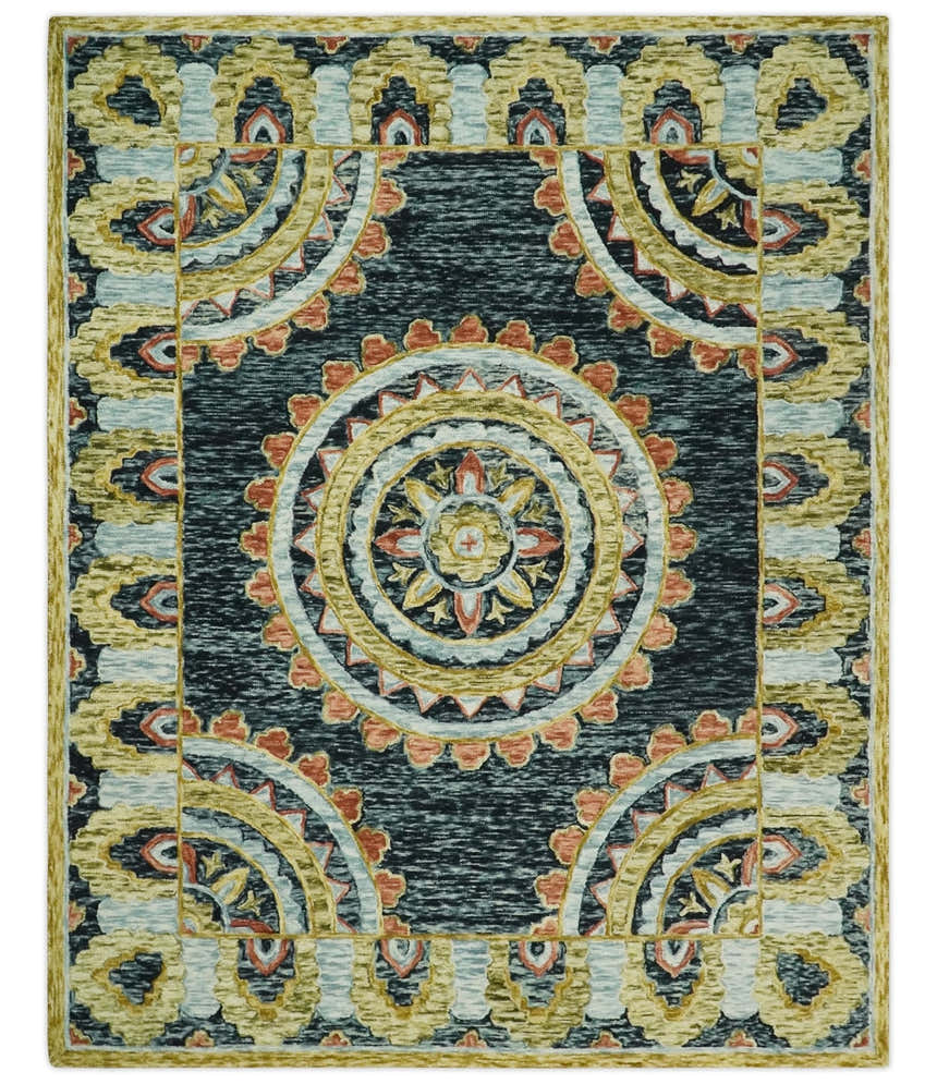 Hand Tufted Blue, Rust and Moss Gold Colorful Wool Area Rug