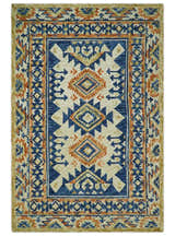 Ready To Ship Bohemian Southwestern Hand Tufted Blue, Gold and Beige Wool Rug