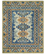 Ready To Ship Bohemian Southwestern Hand Tufted Blue, Gold and Beige Wool Rug