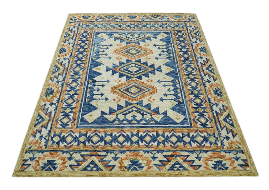 Ready To Ship Bohemian Southwestern Hand Tufted Blue, Gold and Beige Wool Rug