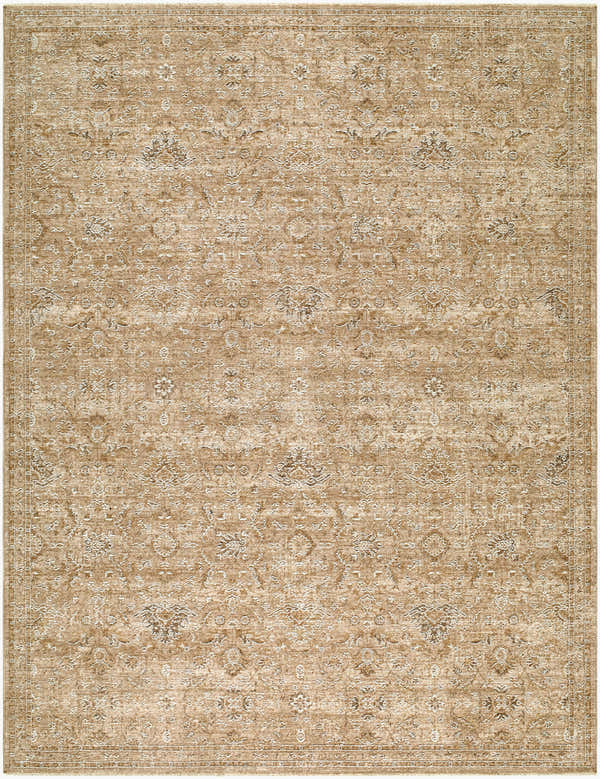 Close-up of Penny Machine Woven Becki Owens x LIVABLISS rug. Tan rug with traditional, intricate floral pattern in ivory and off-white. Design-Rectangle-679