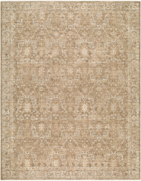 Close-up of Penny Machine Woven Becki Owens x LIVABLISS BOPE-2306 Area Rug. Tan rug with ivory traditional floral pattern. Design-Rectangle-679
