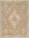 Close-up of Penny Machine Woven Becki Owens x LIVABLISS rug. Tan rug with ivory geometric medallion and border design. Design-Rectangle-679