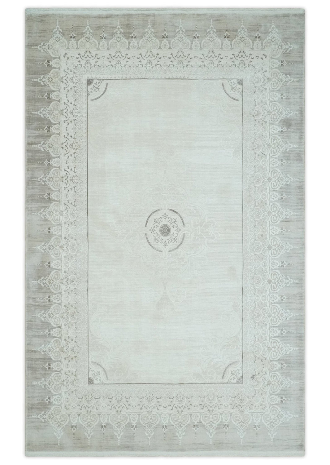 Traditional Brown and Ivory Antique Finish Art Silk Area Rug