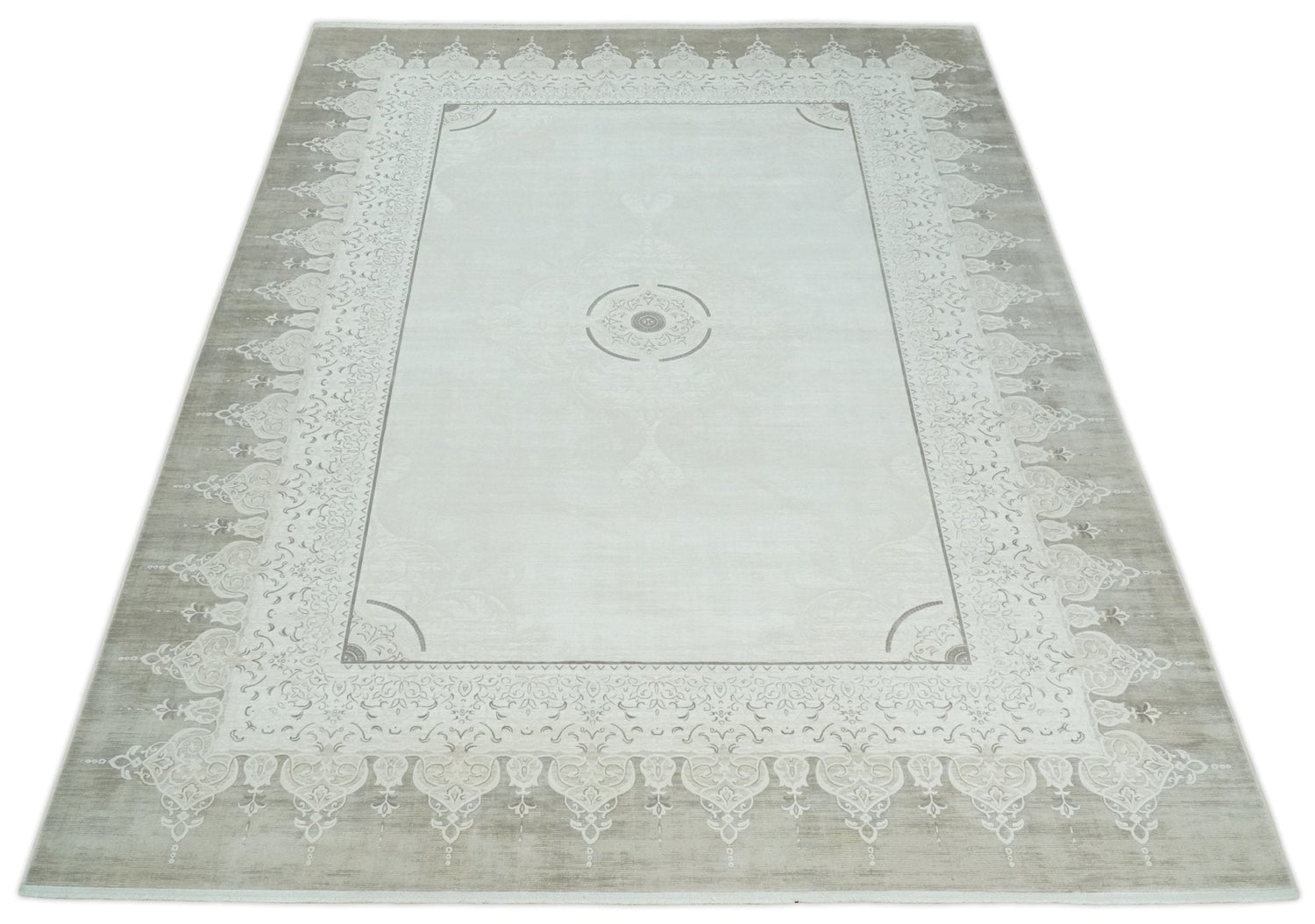 Traditional Brown and Ivory Antique Finish Art Silk Area Rug