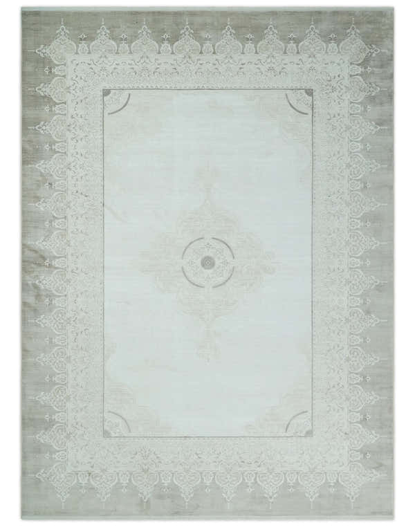 Traditional Brown and Ivory Antique Finish Art Silk Area Rug